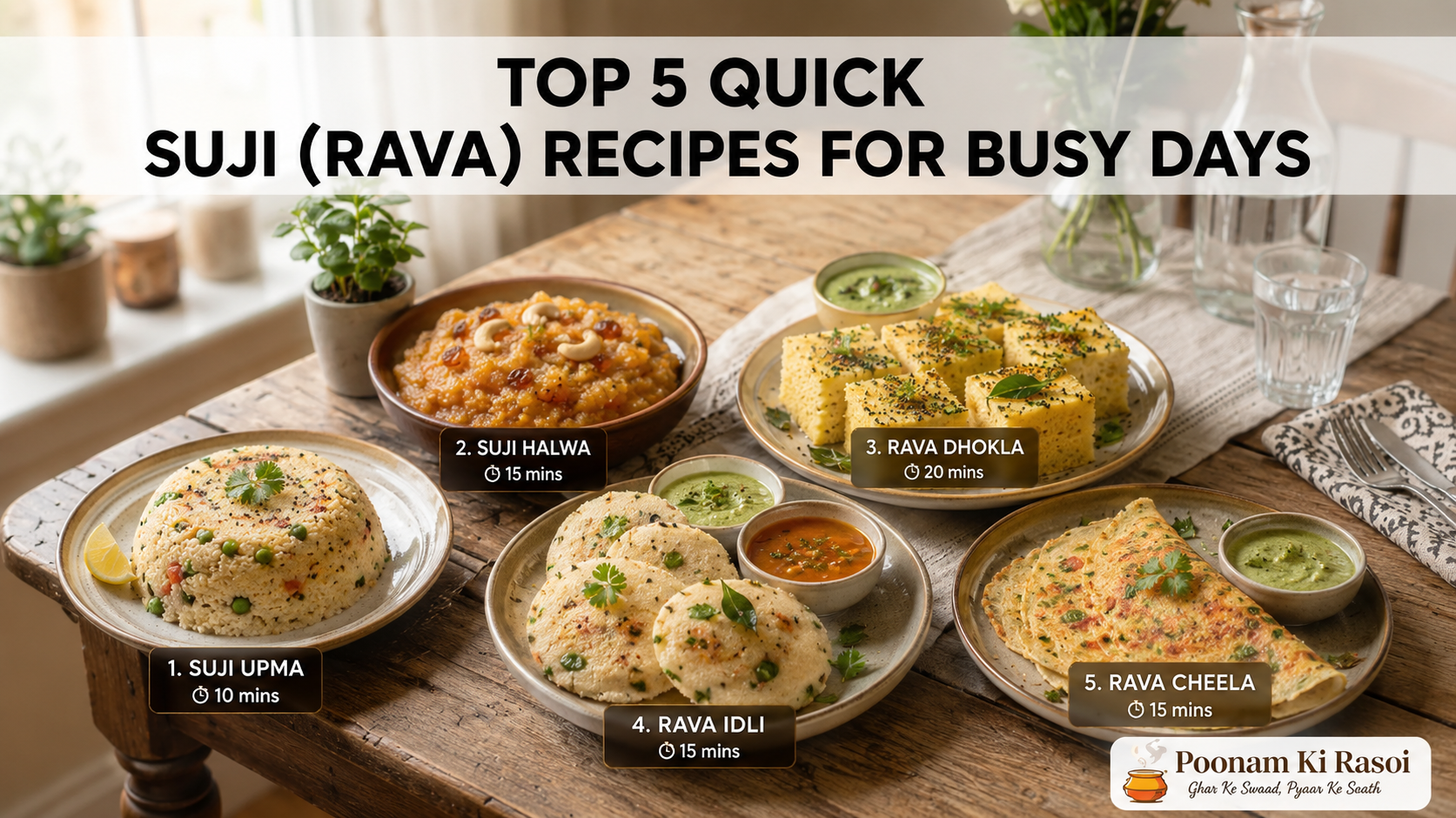 Easy Suji (Rava) breakfast and snack recipes for busy days including instant Upma, Halwa, Dhokla, Idli, and Cheela.