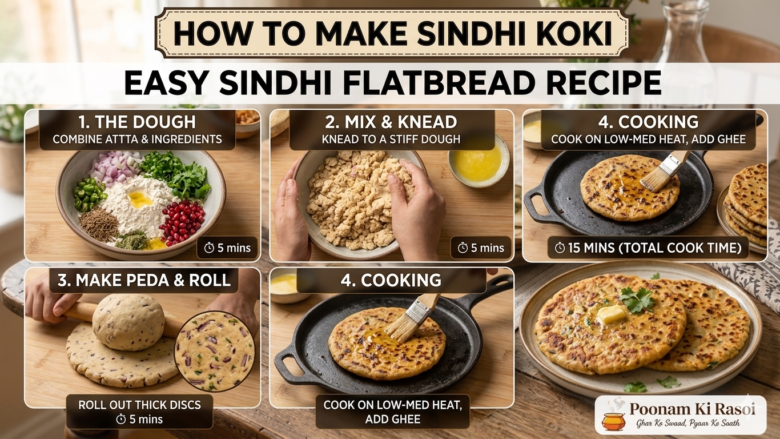 Step-by-step infographic recipe for making authentic Sindhi Koki flatbread, showing ingredients, dough mixing, rolling a peda, tawa cooking with ghee, and the final presentation platter served with green chutney and papad.