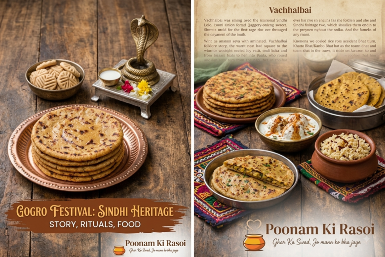 Gogro Festival Sindhi heritage featured image: copper platter of stacked Loli flatbread, cookies, and traditional snake deity statue on a rustic wooden table.