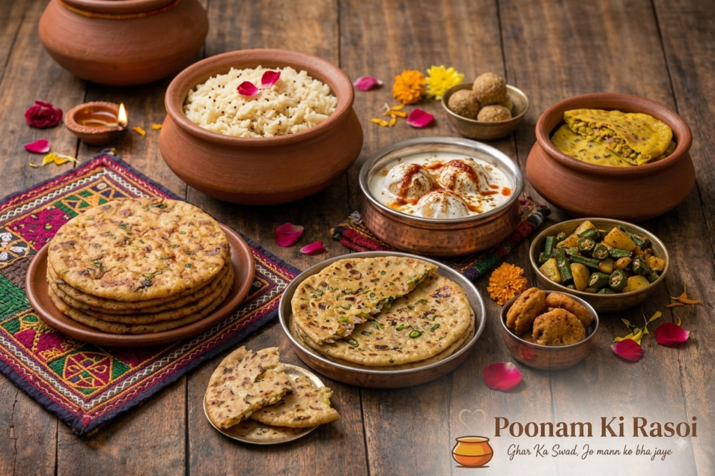 Detailed view of a Gogro Festival food and ritual setting, including Lolo flatbread, dahi vada, stuffed paratha, and sinhi koki. 